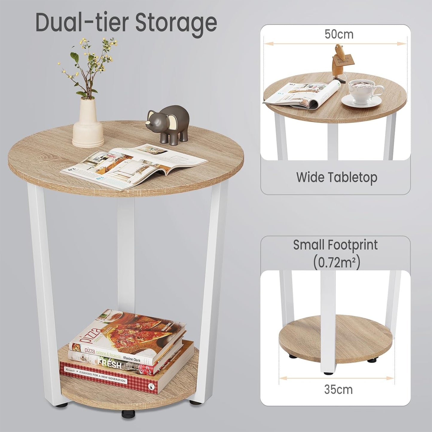 Woltu runder Couchtisch - 50x50x53 cm - Eiche hell - Beistelltisch mit 2 Ablagen und Stauraum