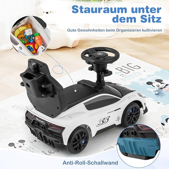 Coast Maserati Lauflernwagen Weiß - 3-in-1 Schiebe- und Lauflernwagen mit Musik und Aufbewahrung - 90 x 41 x 90 cm