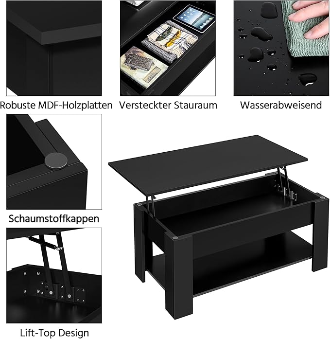 Yaheetech Couchtisch mit Lift-Top – Schwarz – Höhenverstellbar mit verstecktem Stauraum