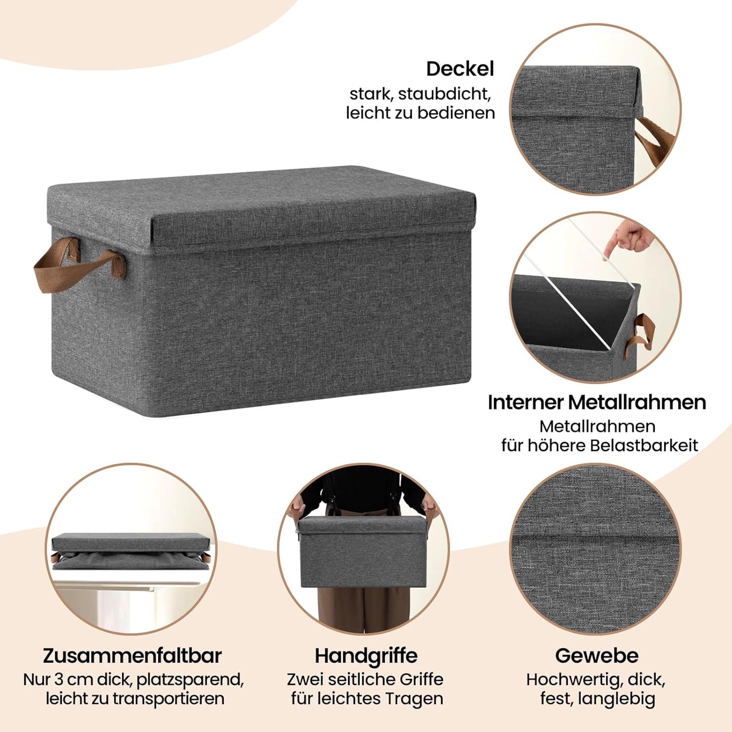 WOLTU Aufbewahrungsbox mit Deckel - Set mit 5 Aufbewahrungsboxen - zusammenklappbar - grau - 38 x 27 x 20 cm