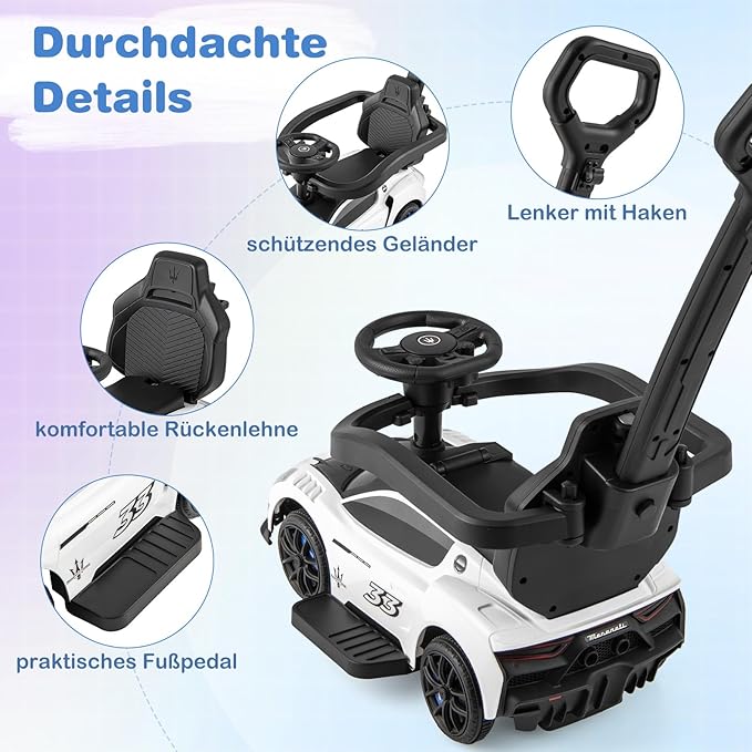 Coast Maserati Lauflernwagen Weiß - 3-in-1 Schiebe- und Lauflernwagen mit Musik und Aufbewahrung - 90 x 41 x 90 cm