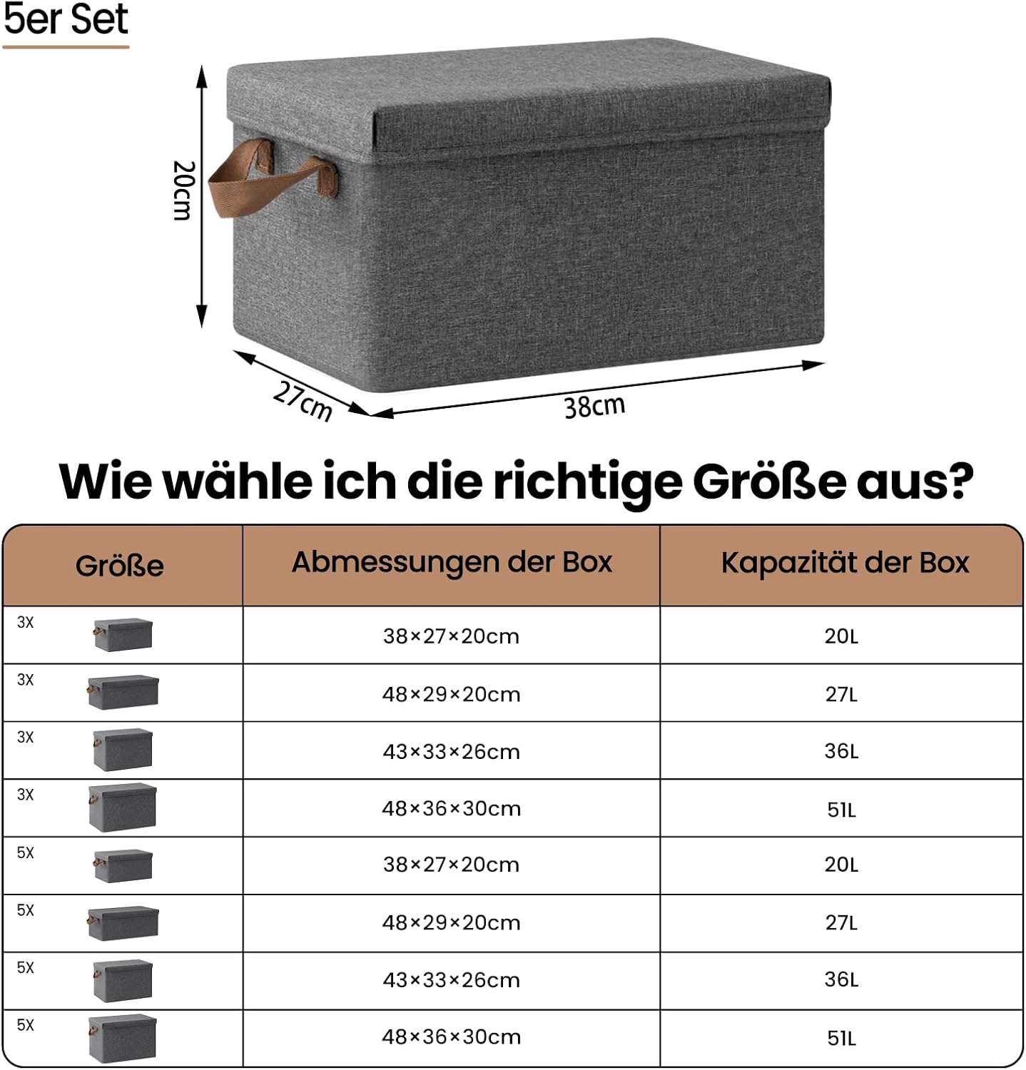 WOLTU Aufbewahrungsbox mit Deckel - Set mit 5 Aufbewahrungsboxen - zusammenklappbar - grau - 38 x 27 x 20 cm