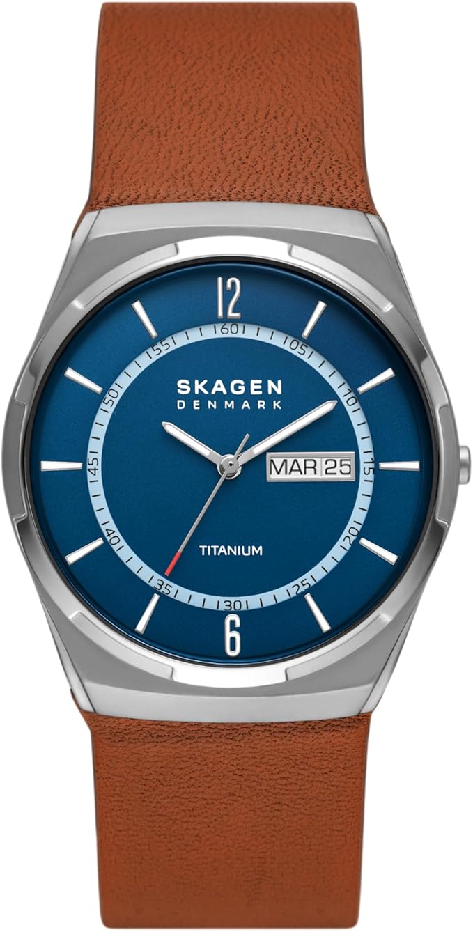 Skagen Melbye Titanium - 40 mm - Graues Titangehäuse - Blaues Zifferblatt - Braunes Lederband