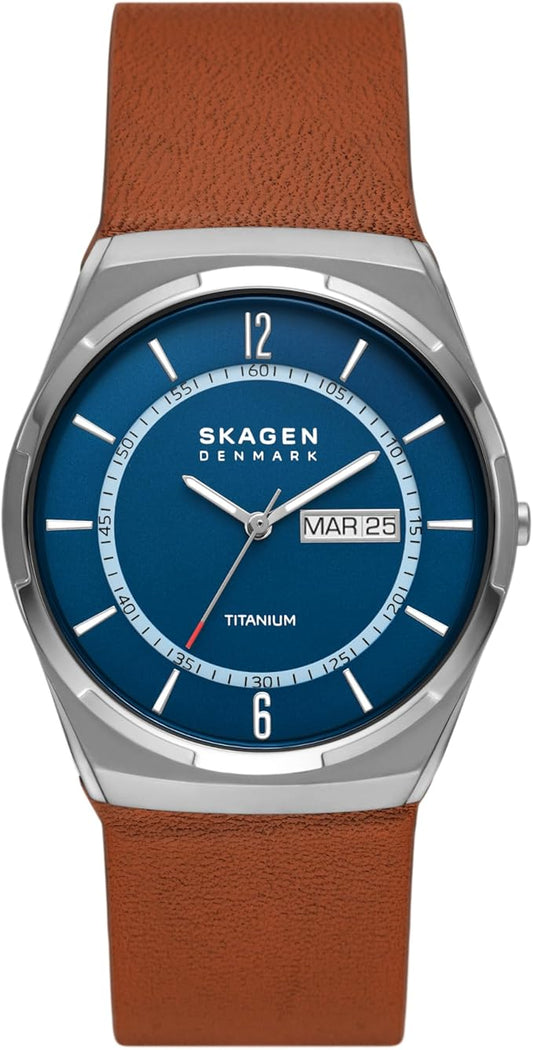 Skagen Melbye Titanium - 40 mm - Graues Titangehäuse - Blaues Zifferblatt - Braunes Lederband