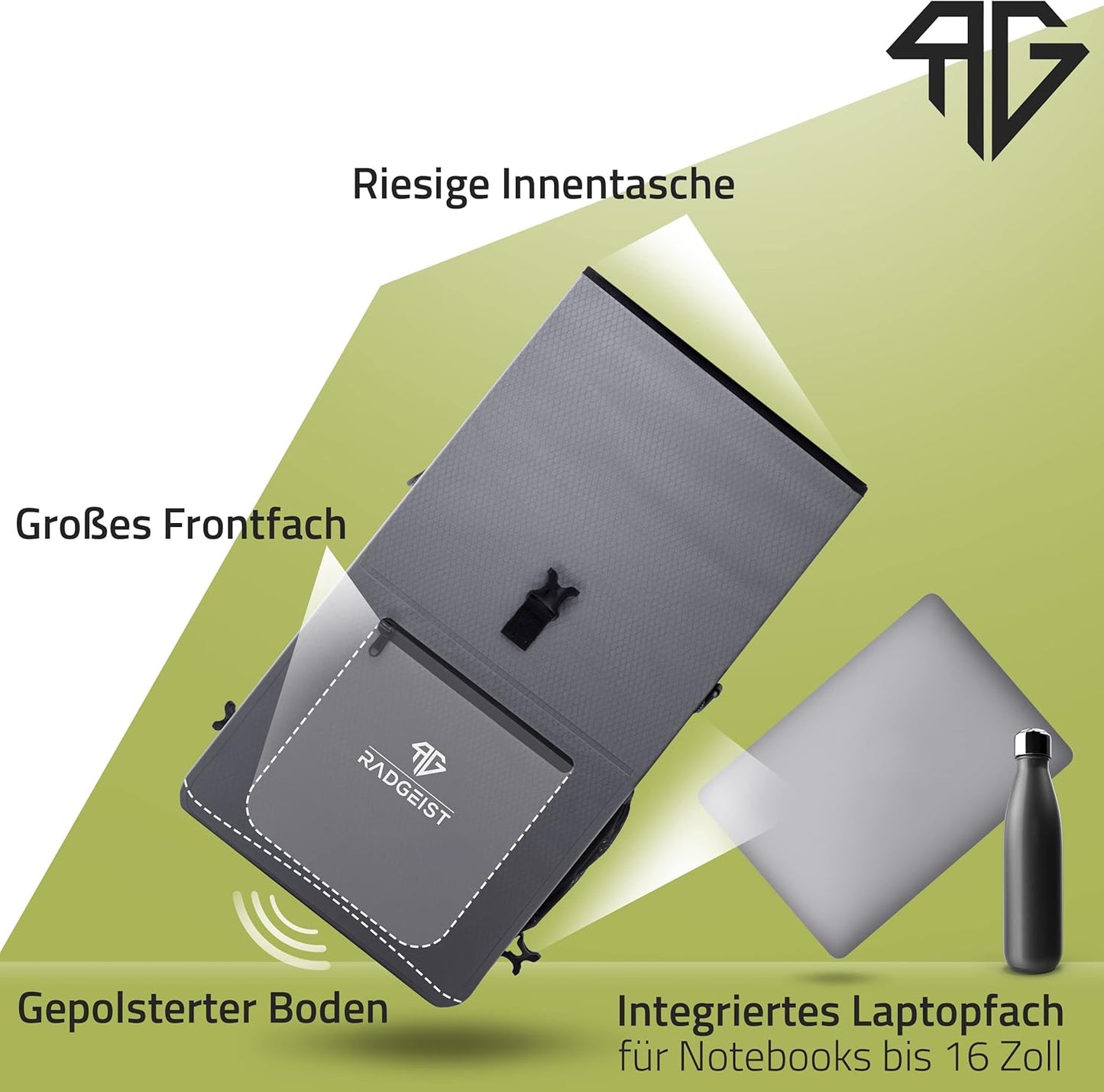 RADGEIST 3 in 1 Gepäckträgertasche - Fahrradrucksack - Mit Laptopfach - Wasserdicht - 25L - Grau