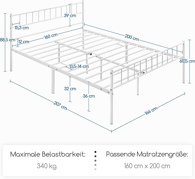 Yaheetech Metallbett 160 x 200 cm – Weiß – 200 x 166 x 88,5 cm – Mit Kopf- und Fußteil