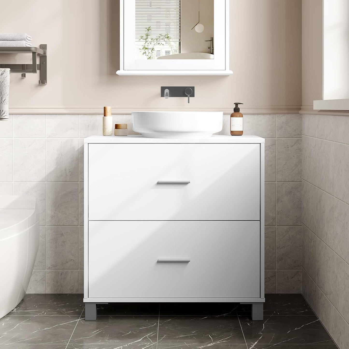 eSituro Waschbeckenunterschrank mit 2 Schubladen – Badezimmermöbel mit Siphonaussparung – Weiß – 60 x 30 x 60 cm
