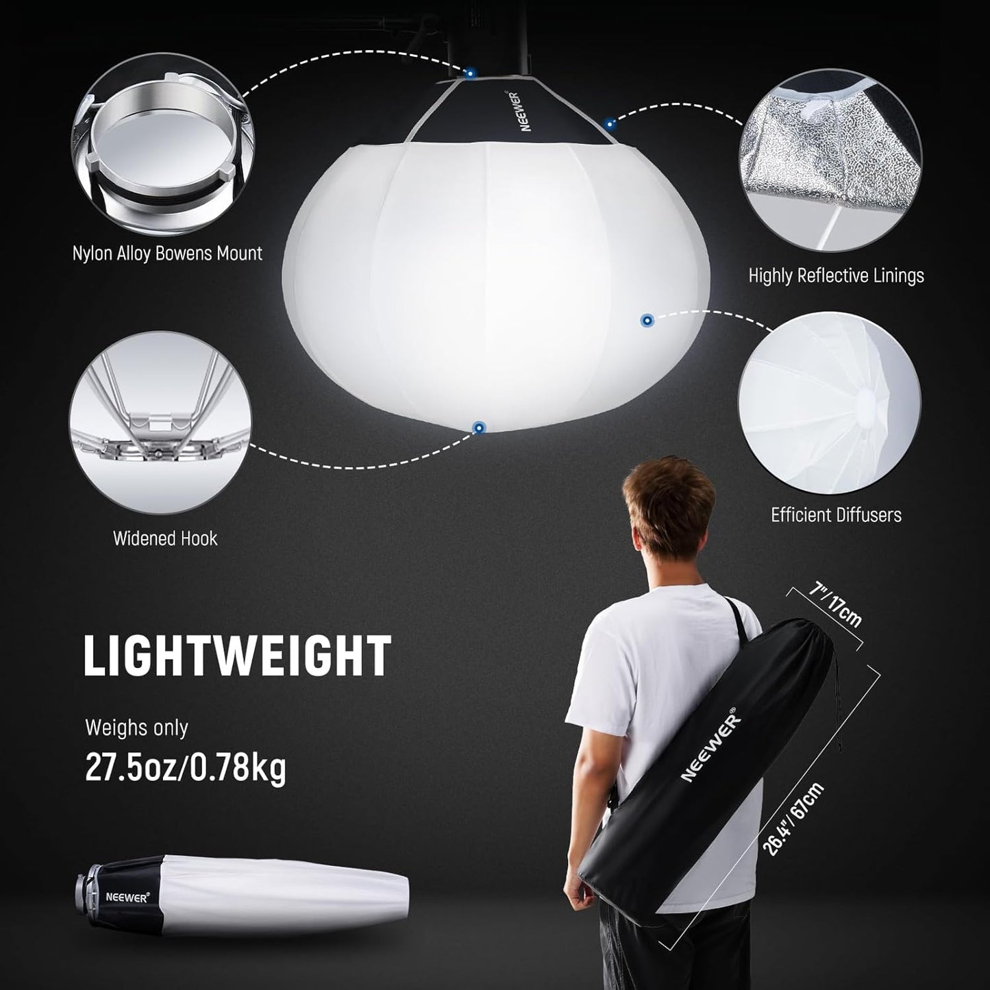 Neewer 50 cm Laternen-Softbox, weiß – 360°-Lichtdiffusor mit Schnellwechselvorrichtung und Bowens-Halterung für LED-Videoleuchten