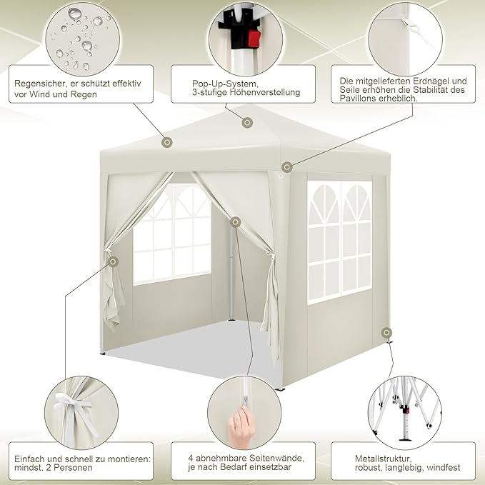 WOLTU Gazebo Pop-Up Partyzelt - 2 x 2 m - beige - UV-Schutz 50+ wasserabweisend