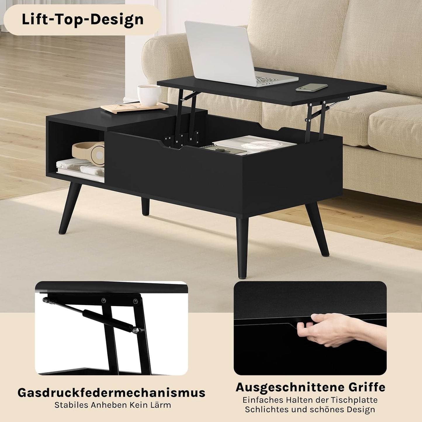 Woltu Couchtisch, höhenverstellbar – 100 x 57 x 50 cm – Schwarz