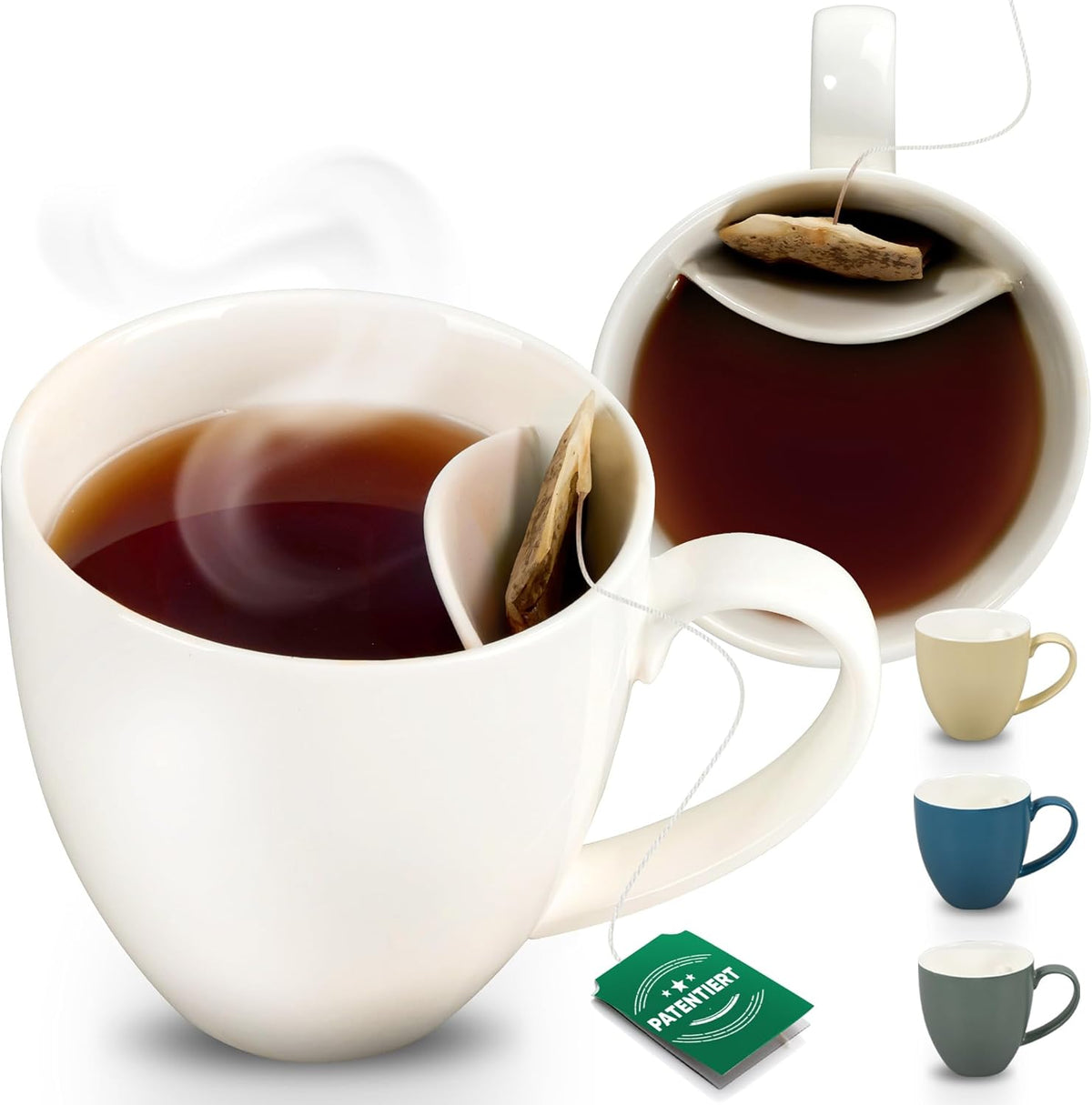 Neighbour's Friend Patentierte Teetasse weiss mit Beutelablage I Keramik Tasse groß 325ml I Teebecher Steingut I Keramiktasse für Tee I Spülmaschinengeeignet Teetassen I Modernes Design für Teetrinker