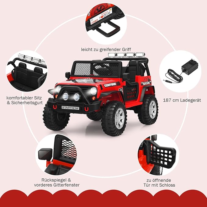Coast Elektrisches Kinderauto 12 V – mit Fernbedienung, Musik und USB-Anschluss 114,5 x 72 x 74 cm – Rot