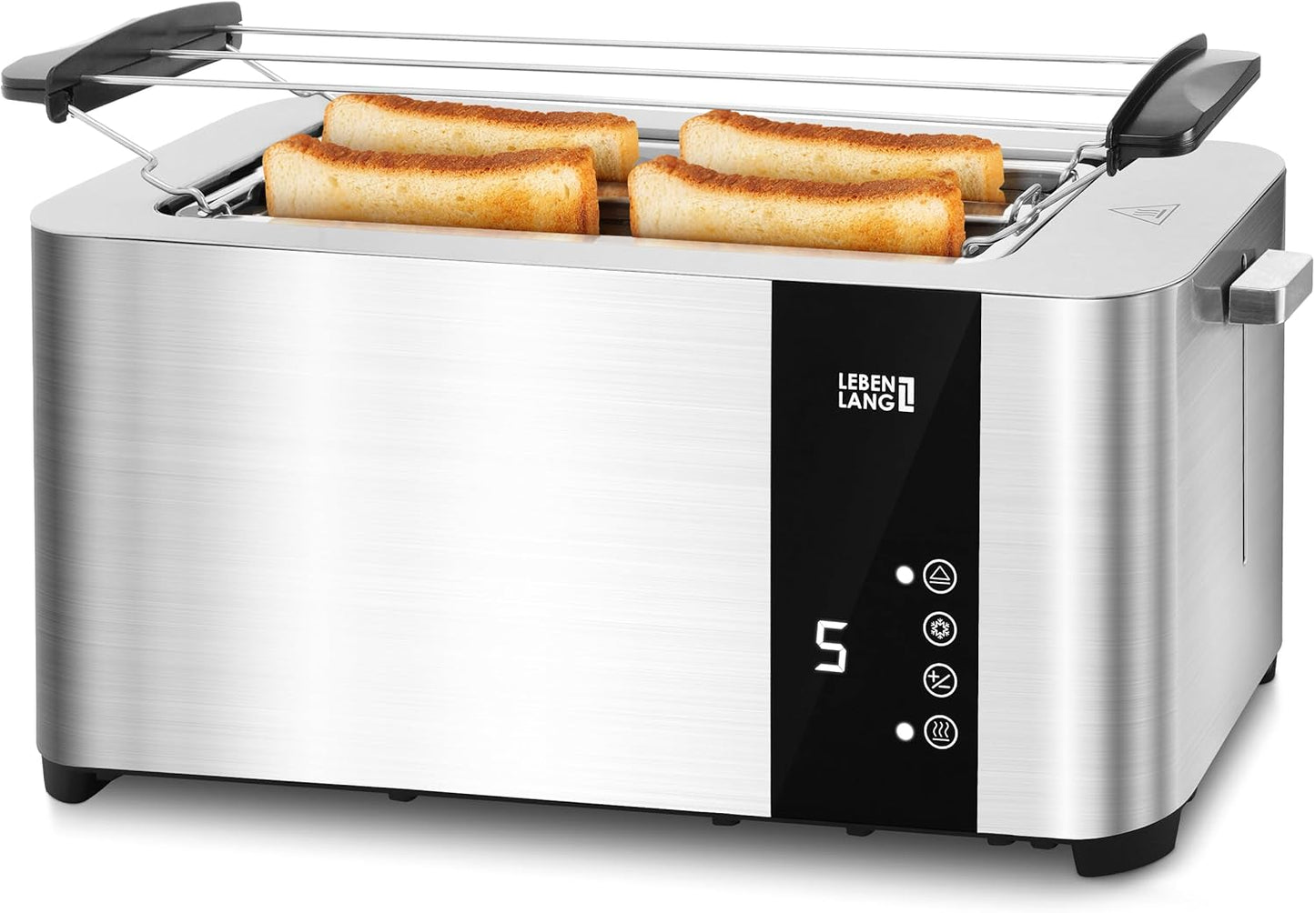 LEBENLANG Toaster - Touchscreen LED-Display - 4 Scheiben mit Brötchenaufsatz - 7 Bräunungsstufen - 1400 W - Silber