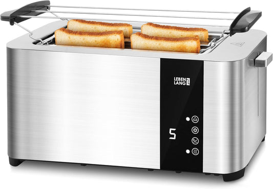 LEBENLANG Toaster - Touchscreen LED-Display - 4 Scheiben mit Brötchenaufsatz - 7 Bräunungsstufen - 1400 W - Silber
