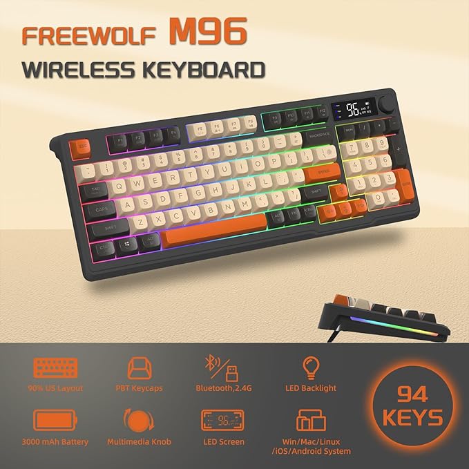 FREEWOLF M96 Wireless Gaming Keyboard, Tastensteuerung Bluetooth/2.4G Wireless Mechanical Feel Keyboard, RGB LED-Hintergrundbeleuchtung mit Display, PBT Keycap, 3000mAh, US Layout für Win/Mac Flickering