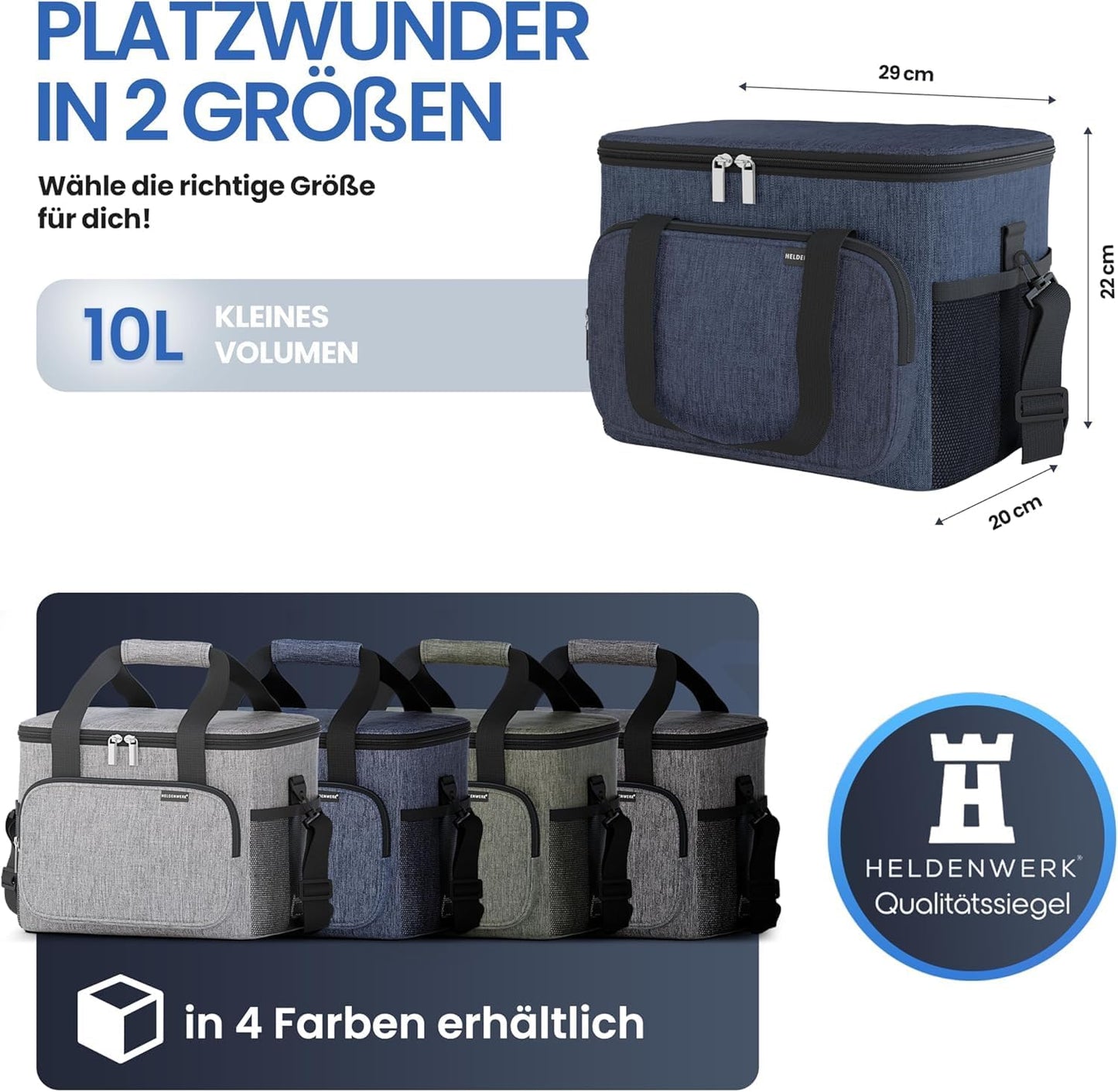 HELDENWERK Kühltasche - Klein & faltbar - 10 Liter Thermo-Lunchbag - Isoliert, wasserdicht & auslaufsicher - Picknicktasche - Marineblau