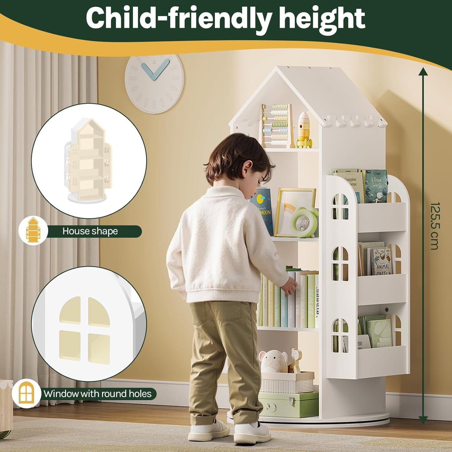 Woltu Drehbares Kinderbuchregal Weiß 63x59x125 cm - Montessori Aufbewahrungsschrank mit 4 Etagen und Seitenfächern