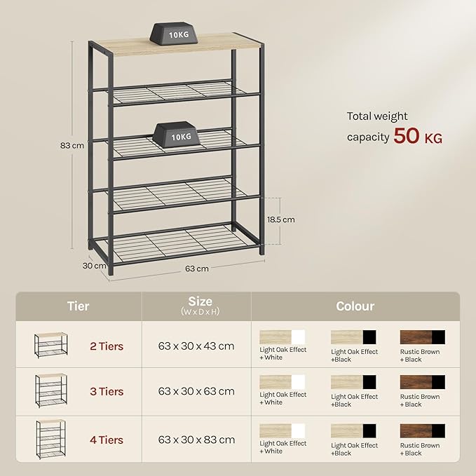 WOLTU Organizer Schuhregal - 4 Ebenen - Eiche hell und schwarz - 63 x 83 x 30 cm