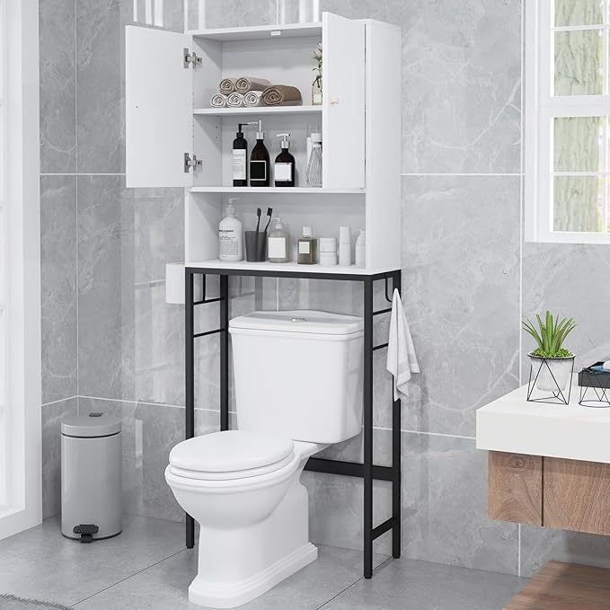 COSTWAY Freistehender Toilettenschrank - mit Ablagefächern, Türen und Haken - 63 x 23 x 165,5 cm - Weiß