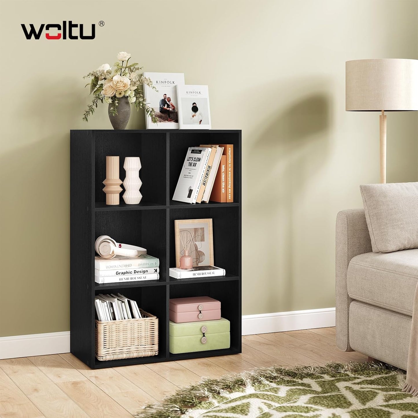 Woltu 6-Fächer-Bücherregal – Kubus-Aufbewahrungsschrank – Schwarz – 59,6 x 29 x 89 cm