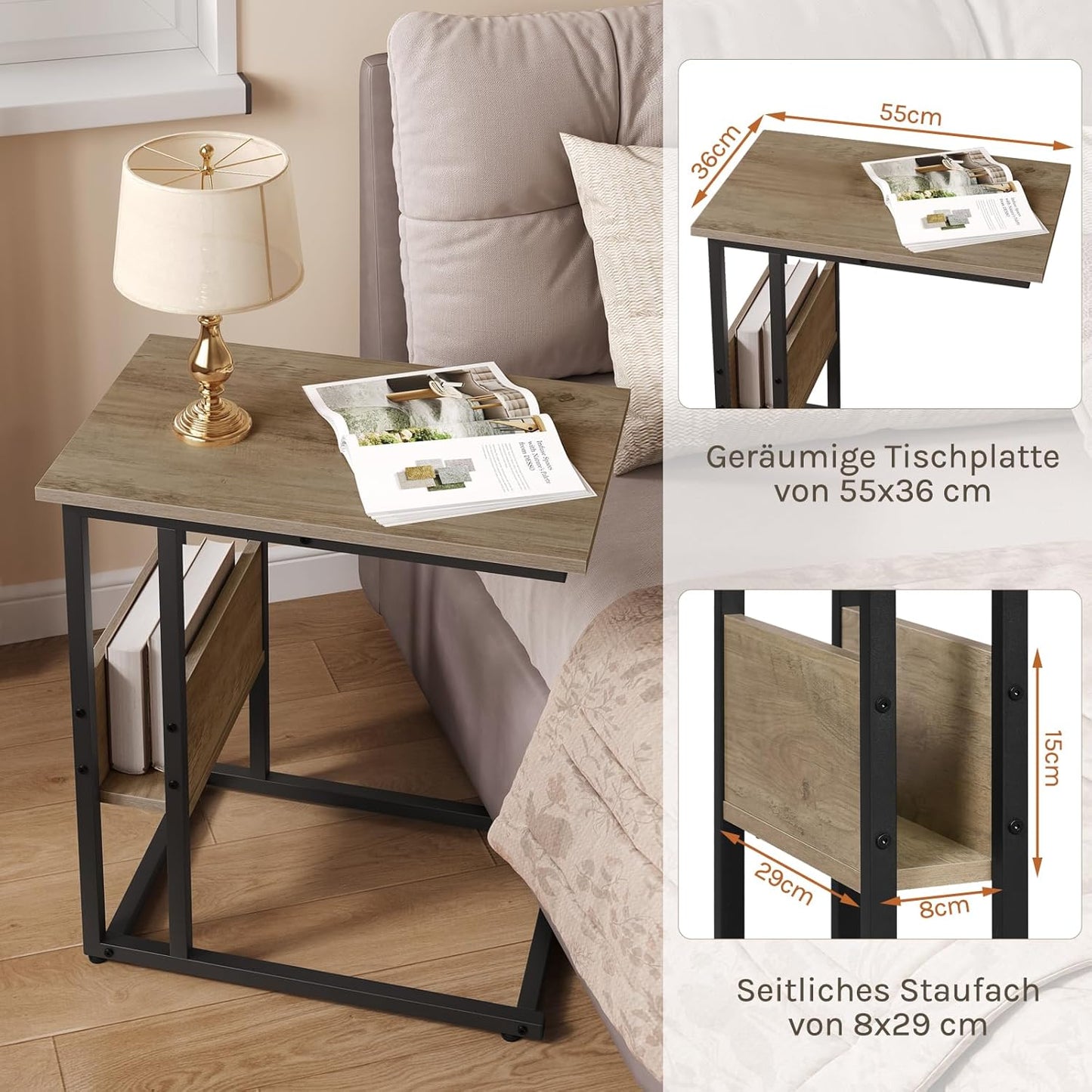 Woltu C-förmiger Beistelltisch mit Ablagegestell – graue Holzoptik – Metall – 55 x 36 x 59,5 cm