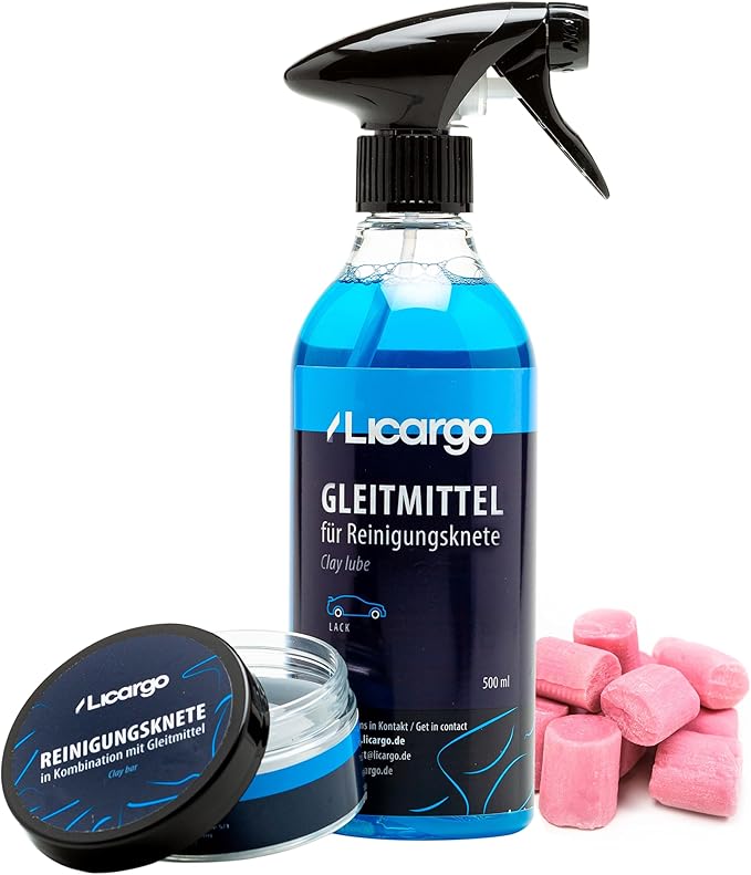 LICARGO Premium-Reinigungsknete-Set – Tiefenglanz für Autolack – 100 g Lackknete – 500 ml Gleitmittel – für porentiefe Reinigung