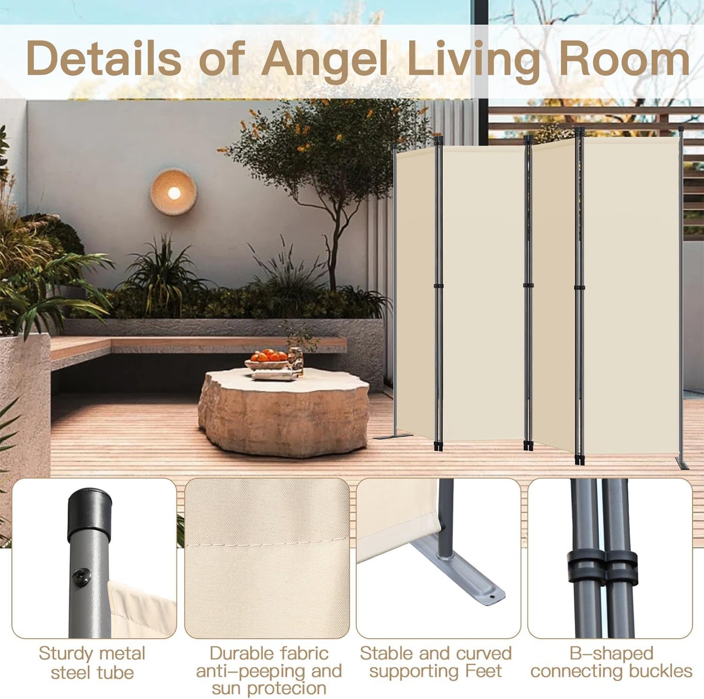 Angel Living Raumteiler - 4-teilig - 224x165 cm - faltbar - Stahl & Polyester - Raumteiler & Sichtschutz - Beige