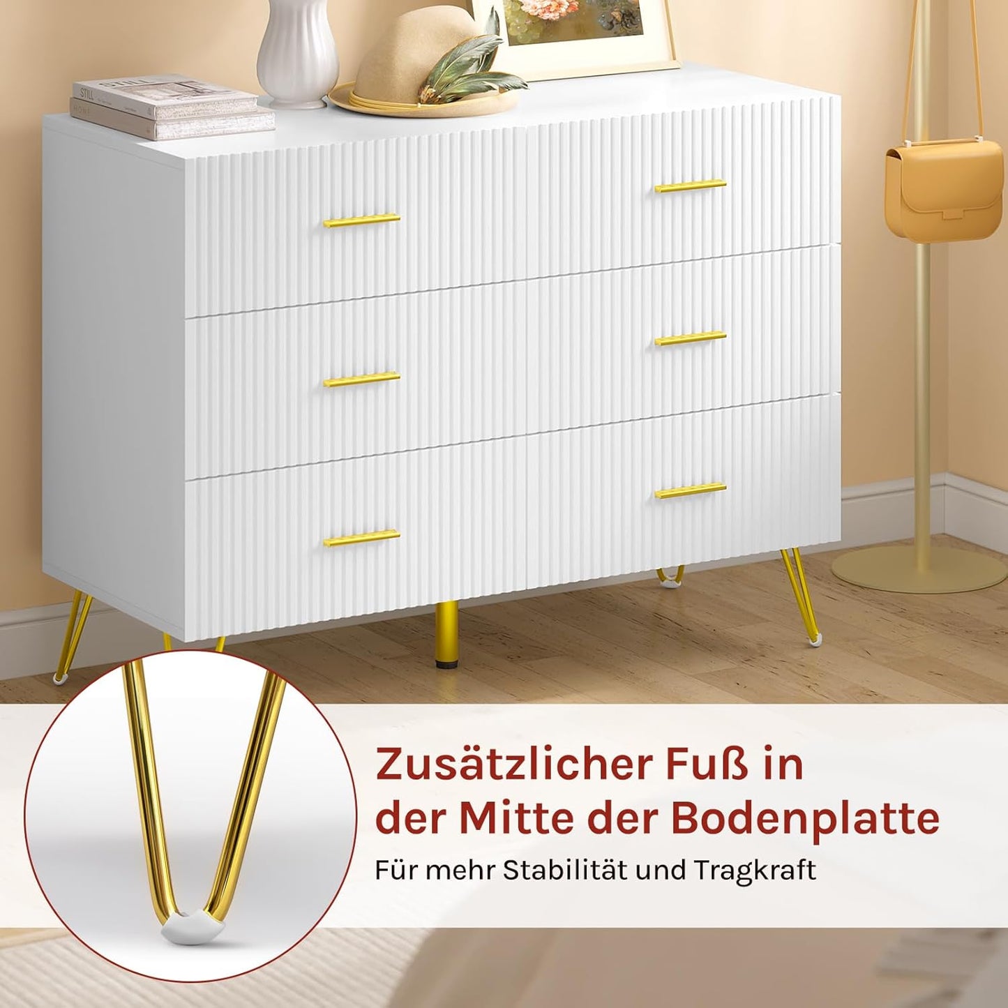 Woltu Kommode mit 6 Schubladen Weiß & Gold - Aufbewahrungsschrank für Schlafzimmer, Wohnzimmer oder Diele - 100 x 40 x 75 cm