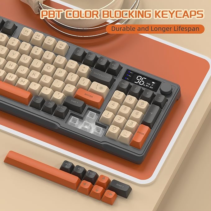 FREEWOLF M96 Wireless Gaming Keyboard, Tastensteuerung Bluetooth/2.4G Wireless Mechanical Feel Keyboard, RGB LED-Hintergrundbeleuchtung mit Display, PBT Keycap, 3000mAh, US Layout für Win/Mac Flickering