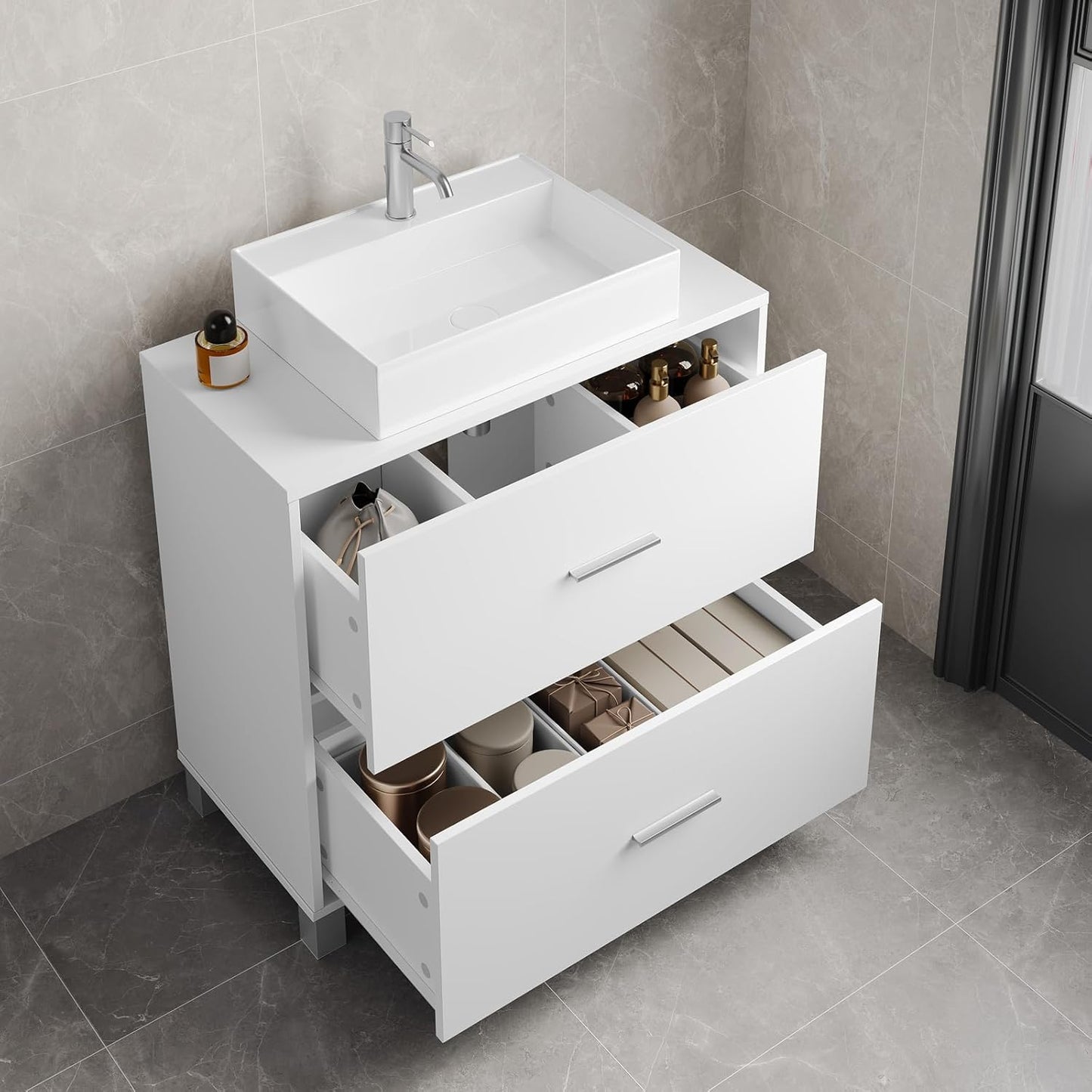 eSituro Waschbeckenunterschrank mit 2 Schubladen – Badezimmermöbel mit Siphonaussparung – Weiß – 60 x 30 x 60 cm