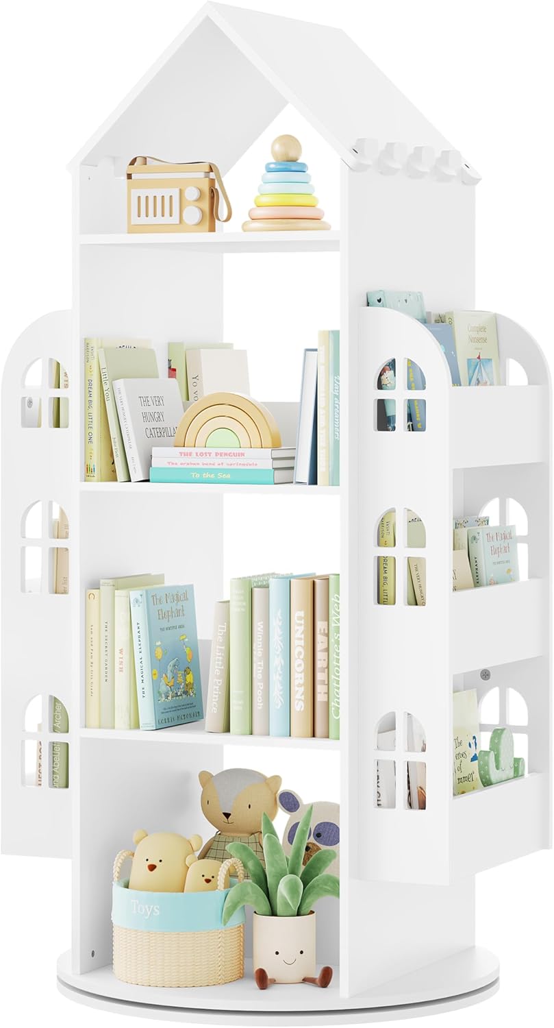 Woltu Drehbares Kinderbuchregal Weiß 63x59x125 cm - Montessori Aufbewahrungsschrank mit 4 Etagen und Seitenfächern