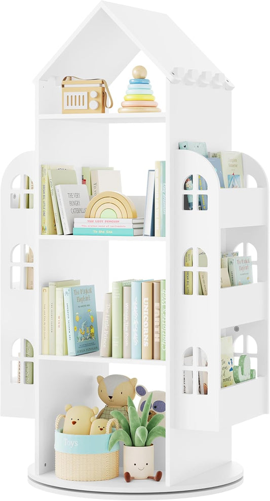 Woltu Drehbares Kinderbuchregal Weiß 63x59x125 cm - Montessori Aufbewahrungsschrank mit 4 Etagen und Seitenfächern