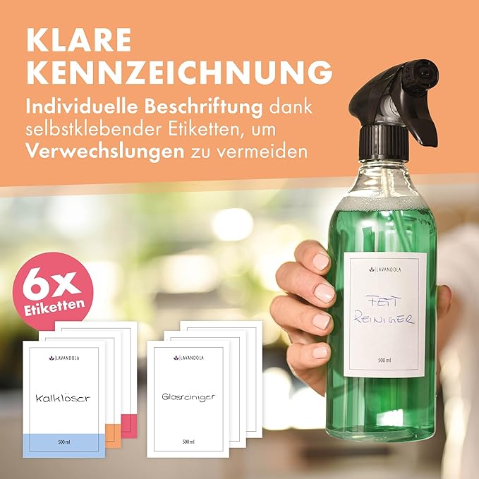 3 x Sprühflasche 500 ml mit Etiketten – gleichmäßiger und feiner Sprühstrahl, dichte und langlebige Sprühflasche für Pflanzen, kleine Sprühflasche für die Autopflege, Sprühflasche, 3er-Set Sprühflaschen