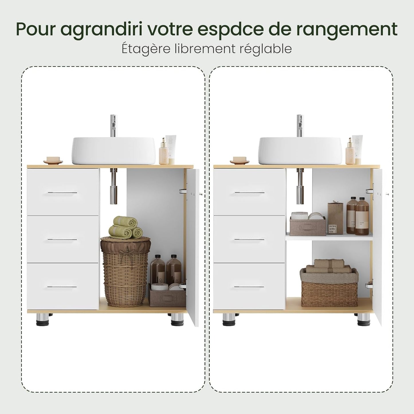 Eugad Badezimmerschrank Weiß/Helle Eiche – 60 x 60 x 30 cm – 3 Schubladen – Verstellbares Regal