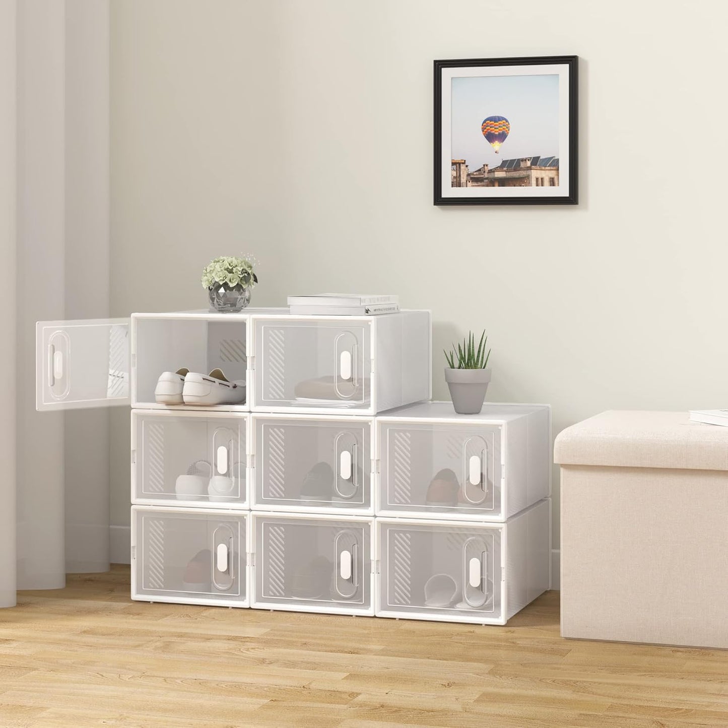 Woltu Schuhkartons Transparent Weiß - 12 Stück - stapelbar & faltbar - mit Frontdeckel - 25x19x35 cm