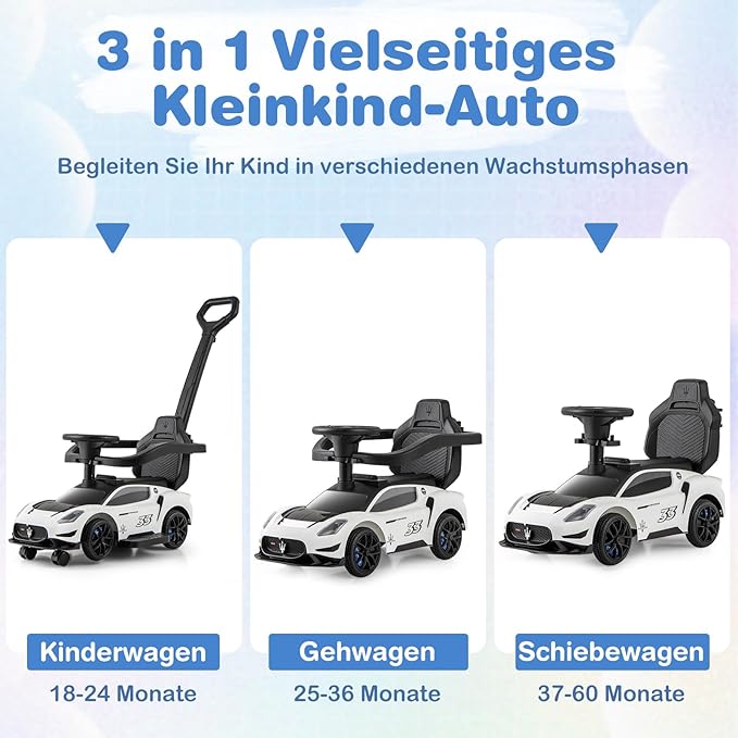 Coast Maserati Lauflernwagen Weiß - 3-in-1 Schiebe- und Lauflernwagen mit Musik und Aufbewahrung - 90 x 41 x 90 cm