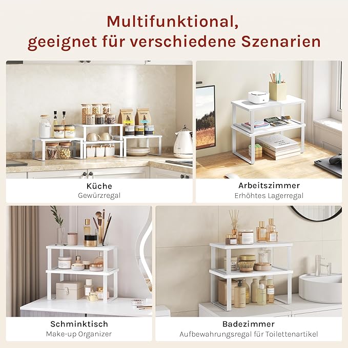 WOLTU Scaffalature Gewürzregal Set 2 Stück - stapelbarer Küchenregal-Organizer - weißes MDF und Metall