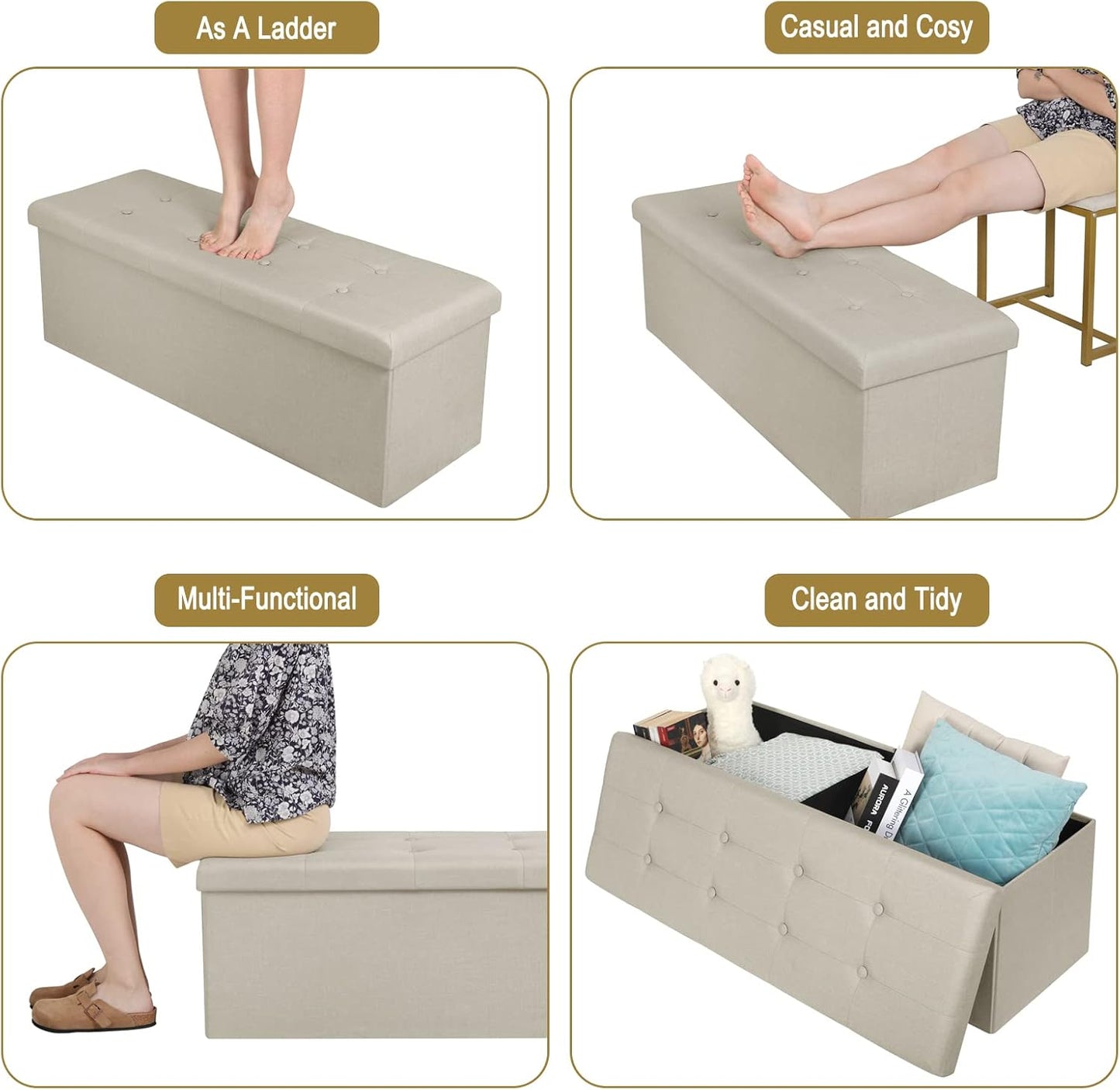 Woltu Klappbare Aufbewahrungsbank mit Stauraum – 118 Liter – 110 x 37,5 x 38 cm – Creme-weißes Leinen – Belastbar bis 300 kg