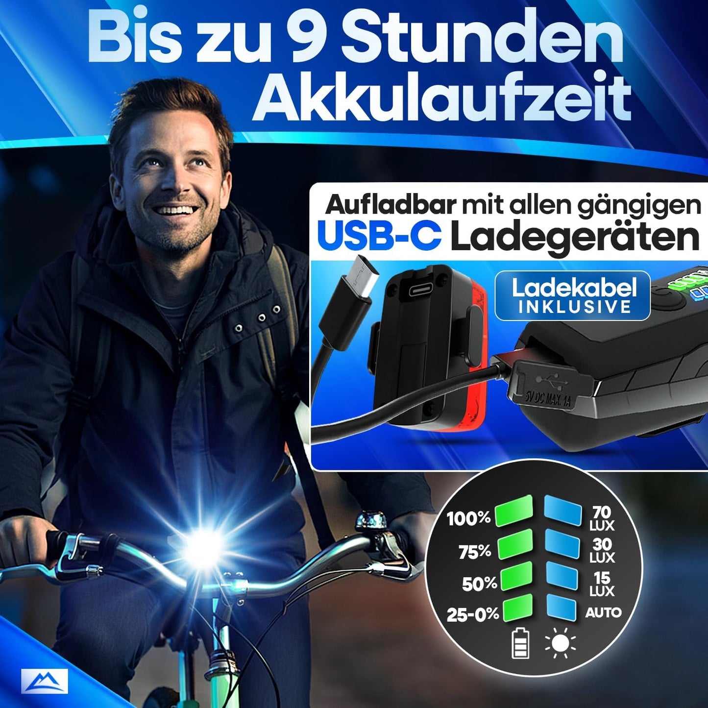 NEXTCOVER® Fahrradlicht-Set - Mit Sensor - 11 Stunden Akkulaufzeit - USB aufladbar - wasserdicht - StVZO geprüft