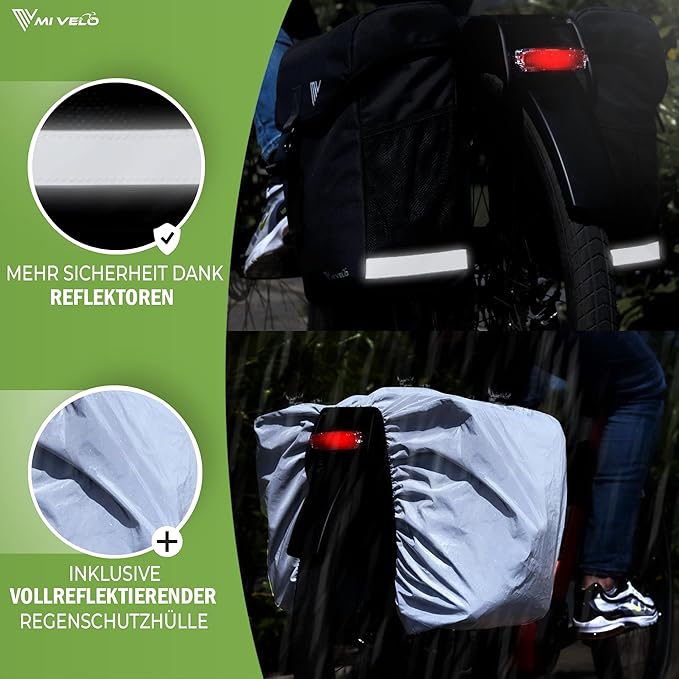 MIVELO - Doppelte Fahrradtasche - 36L Kapazität - Schwarz & RPET - Regenschutz - MIK & Racktime kompatibel - Aus recyceltem Material