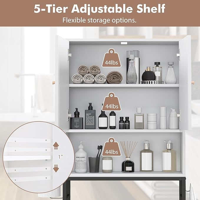 COSTWAY Freistehender Toilettenschrank - mit Ablagefächern, Türen und Haken - 63 x 23 x 165,5 cm - Weiß