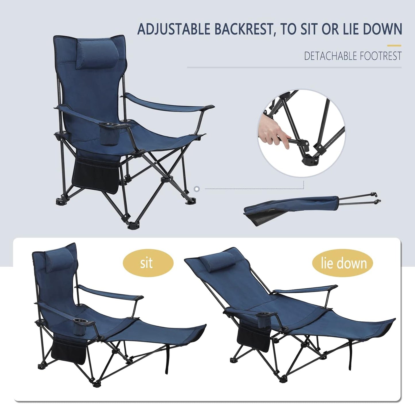 Woltu Campingstuhl 2er Set - Zusammenklappbare Liege mit Fußstütze und Becherhalter - 160 x 88,5 x 84 cm - Blau