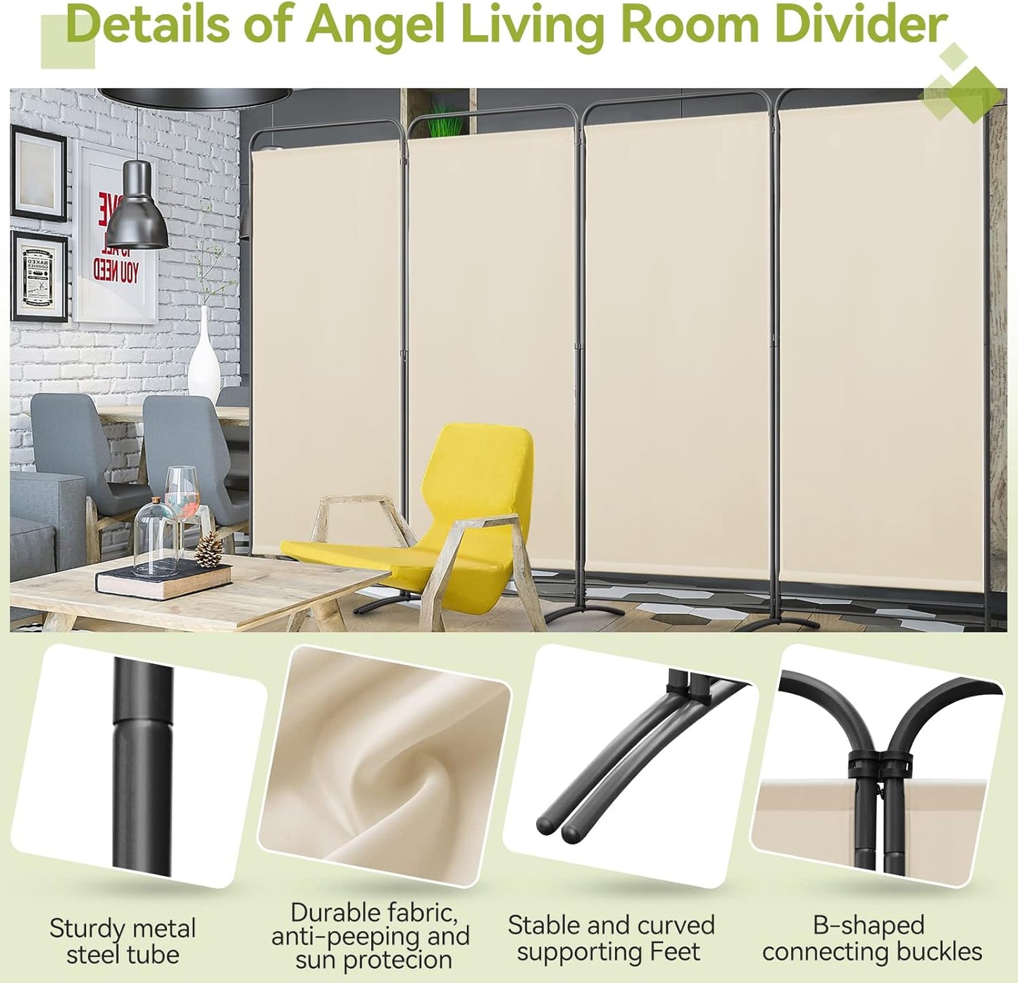Angel Living Paravent - 4 faltbare Raumteiler - unabhängig - 180 x 324 cm - beige