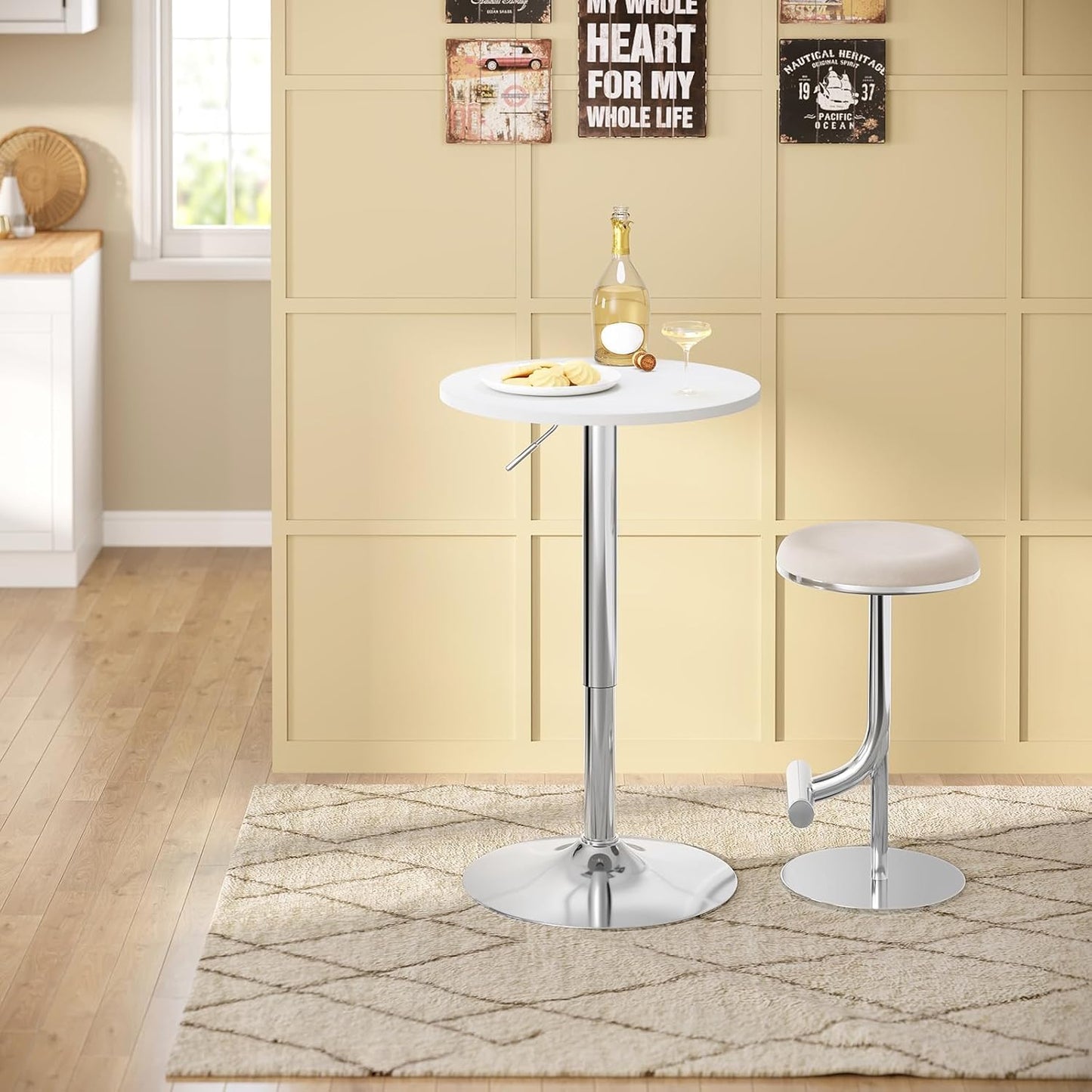 WOLTU Verstellbarer Bartisch – Ø 52 cm – Höhe 70–91 cm – drehbar – Chromfuß Ø 45 cm