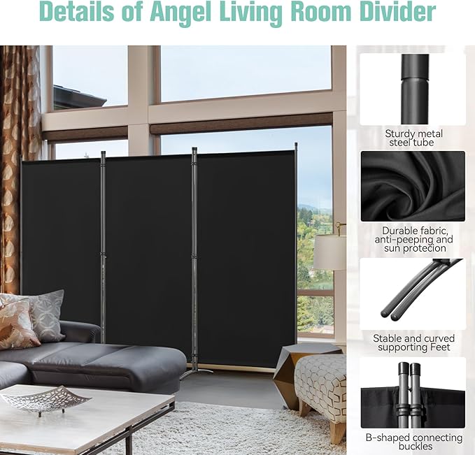 Angel Living Paravent – 3 Paneele – 243 x 169 cm – Schwarz – Freistehend