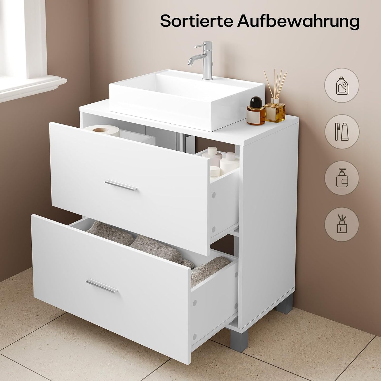 eSituro Waschbeckenunterschrank mit 2 Schubladen – Badezimmermöbel mit Siphonaussparung – Weiß – 60 x 30 x 60 cm