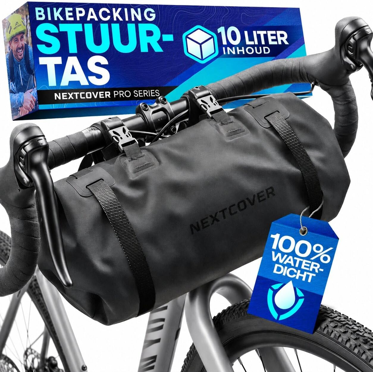 Nextcover Bikepacking Lenkertasche AquaShield - mit hochfrequenzgeschweißten Nähten und lackierfreundlicher Befestigung und universeller Passform - für Mtb und Gravel Bike - schwarzes Tpu - 10 Liter