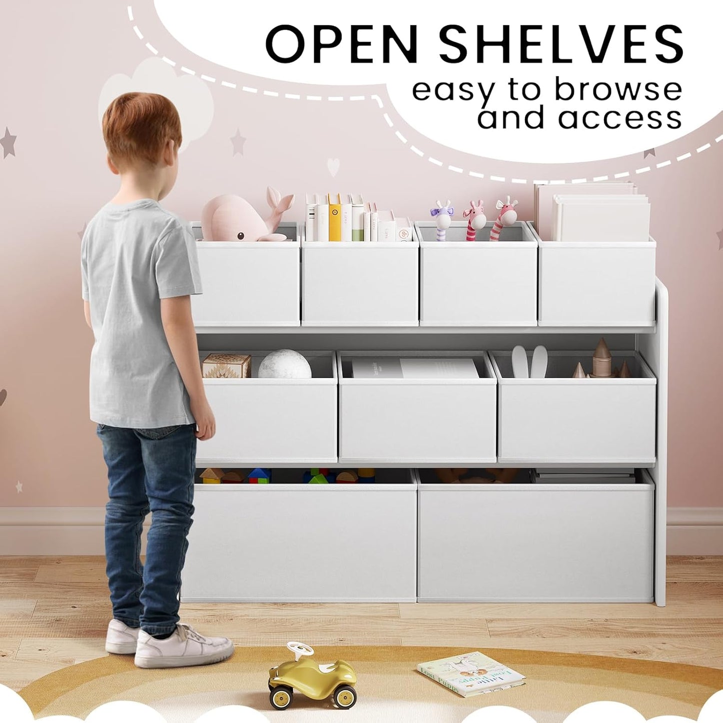 Lestarain Spielzeugregal für Kinder Weiß - Aufbewahrungsschrank mit 9 Spielzeugboxen - Kinderzimmer & Spielzimmer Organizer - 92 x 30 x 68 cm