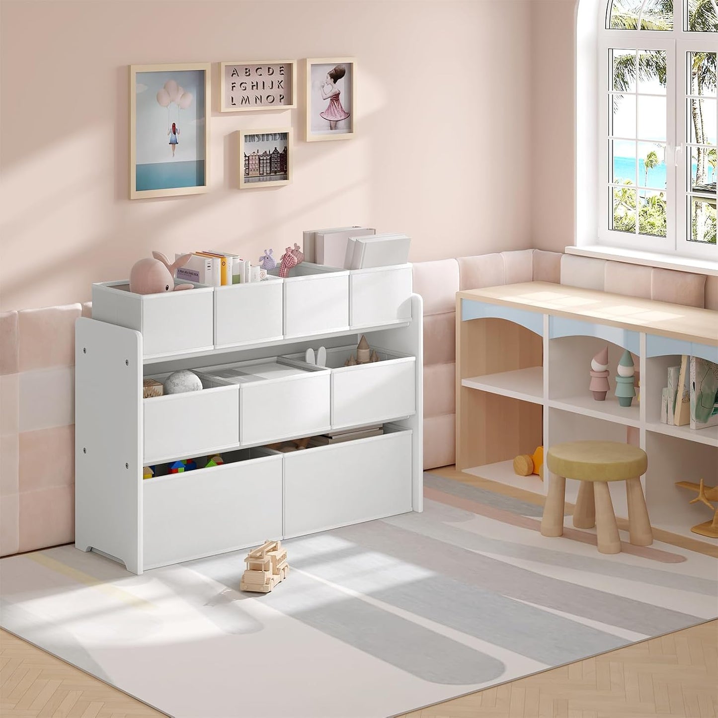 Lestarain Spielzeugregal für Kinder Weiß - Aufbewahrungsschrank mit 9 Spielzeugboxen - Kinderzimmer & Spielzimmer Organizer - 92 x 30 x 68 cm