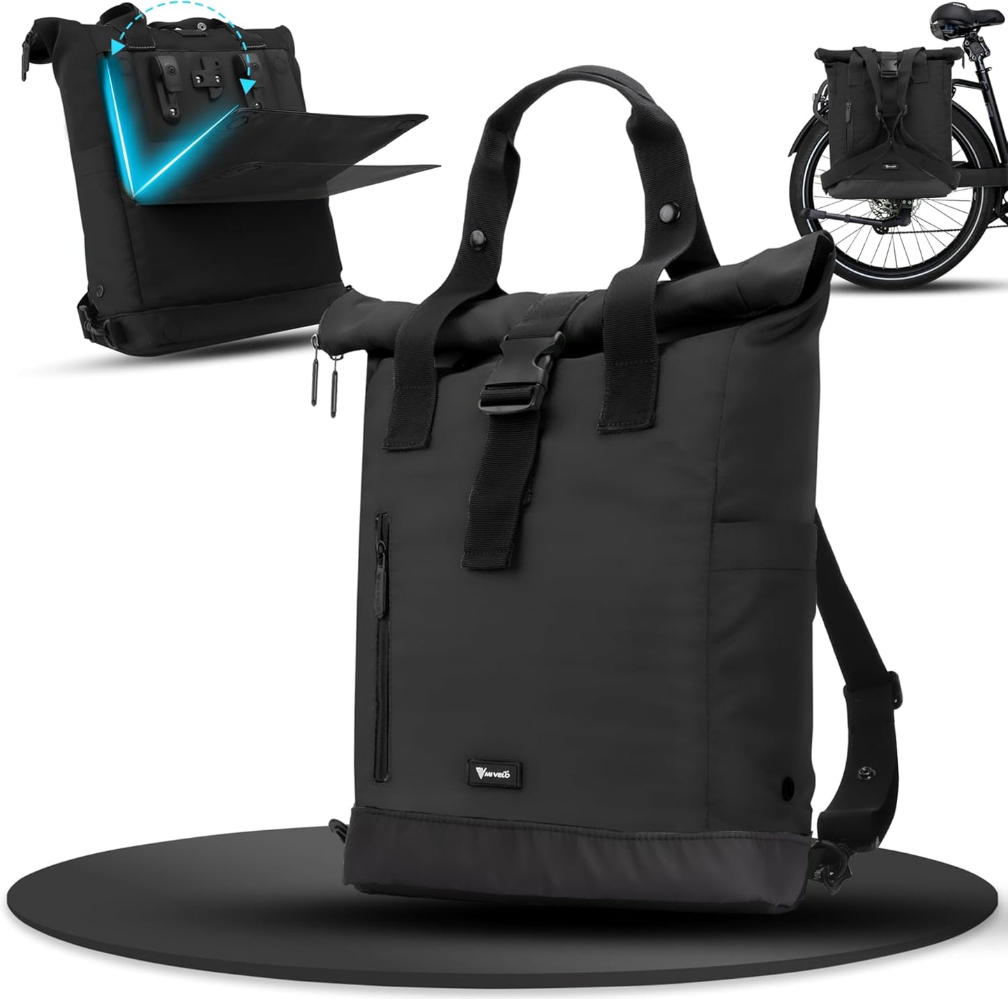 MIVELO MAYA Fahrradrucksack - Mit faltbarem Rucksack - 50 x 28 x 14 cm - Schwarz